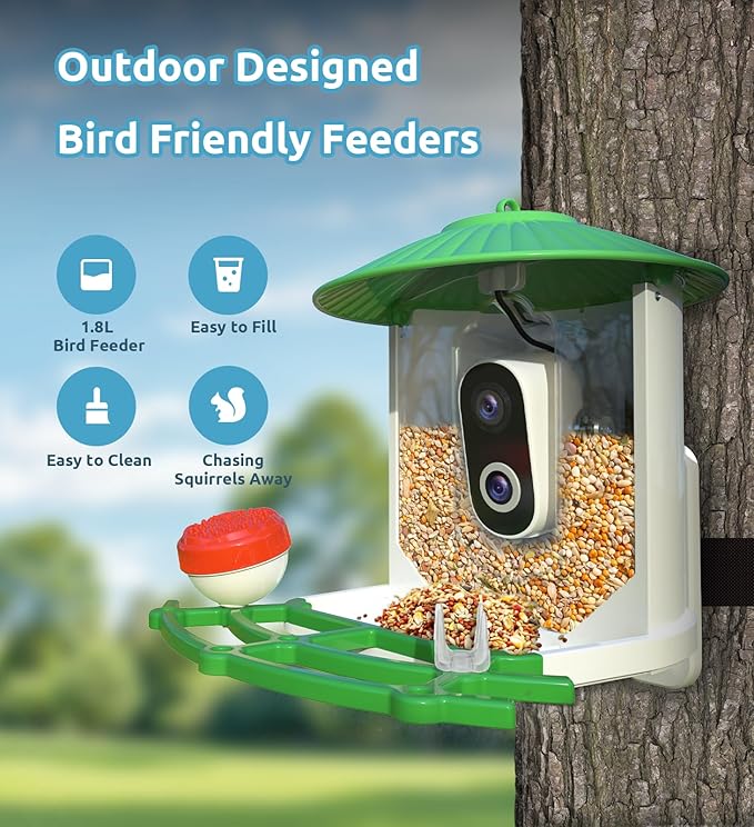 Smart Bird Feeder with Camera, 2K Live View AI Identify Birds Species with Solar Panel, Outdoors Birdhouse with Camera, Instant Arrival Alerts, Christmas Gifts for Bird Lovers