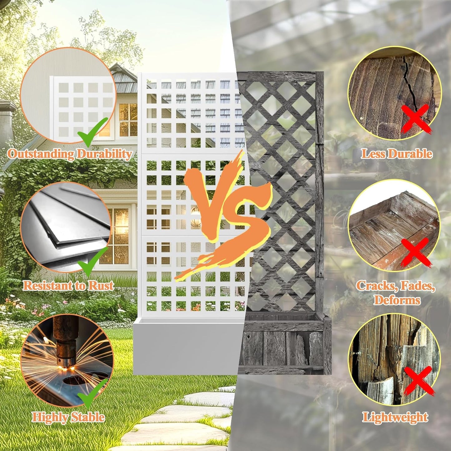 Metal Planter Box with Trellis & Wheels, Raised Garden Bed with Privacy Screen, Outdoor Standing Flower Beds with Drainage Hole for Climbing Plants, Vine, 47" Lx16 Wx71 H