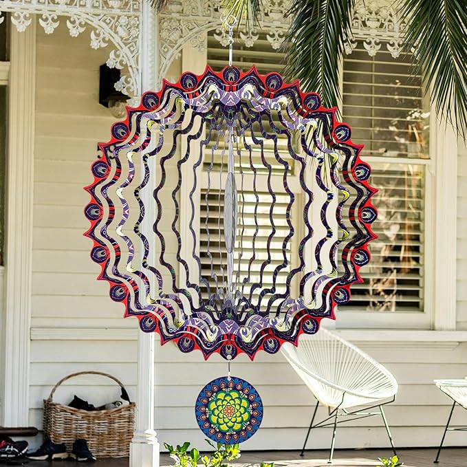 TUOKING Wind Spinners Outdoor Peacock Feathers 3D Metal Hanging Art Wind Sculptures 12 Inch Stainless Steel for Yard and Garden Decoration Worth Gift for Women