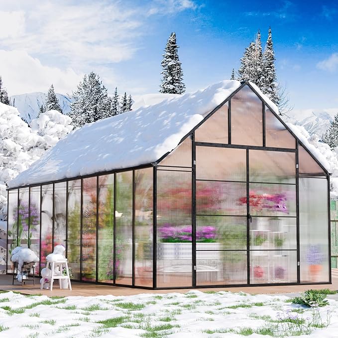 CDCASA 10x20 FT Greenhouse for Outdoors,Large Easy Assembly Large Polycarbonate Greenhouse Aluminum Greenhouses w/4 Vents Window, Swing Door Walk-in Green House for Ouside,Backyard,Garden, Black