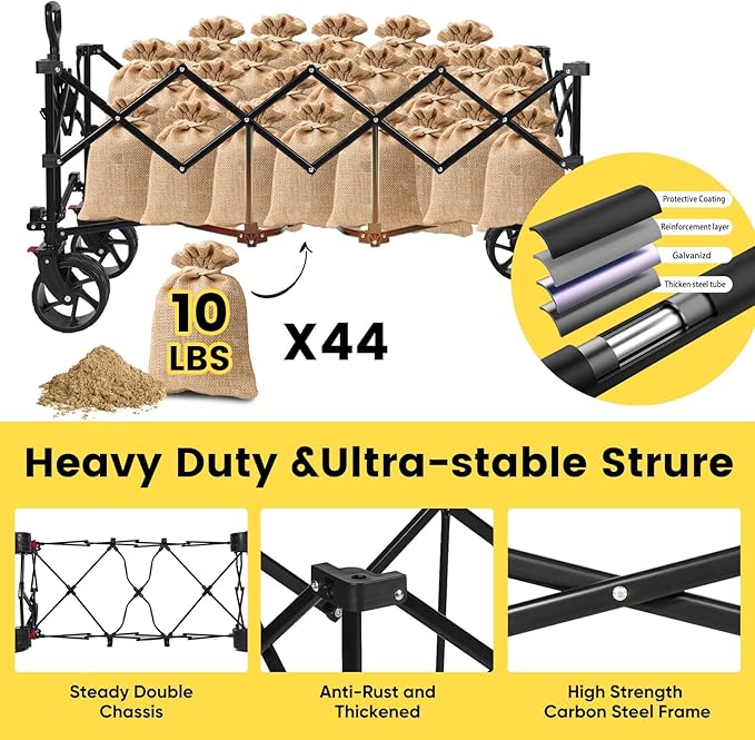 Sekey 48''L Collapsible Foldable Extended Wagon with 440lbs Weight Capacity, Heavy Duty 300L Folding Utility Garden Cart with Big All-Terrain Beach Wheels & Drink Holders. Blue&Grey