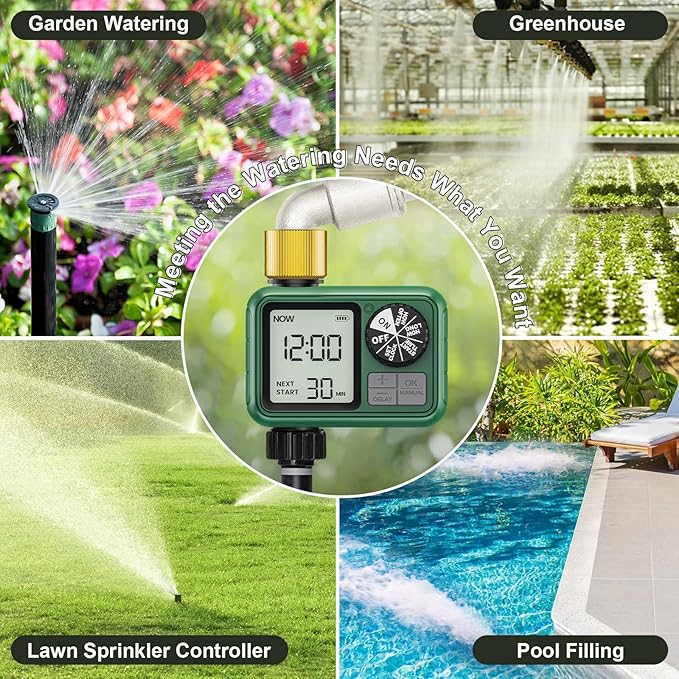 Sprinkler Timer Brass, Programmable Water Timer with Rain Delay, Manual& Automatic System for Garden Hose Faucet, Waterproof Gardening Supplies Irrigation Controller Watering Lawn Evenly& Efficiently