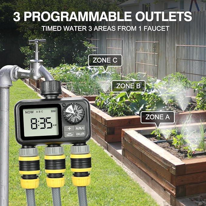 Sprinkler Timer,3 Outlets Programmable Water Timer with Brass Inlet for Garden Hose,Outdoor with Rain Delay/Manual/Automatic Watering System,Digital Irrigation Timers for Yard,Lawn