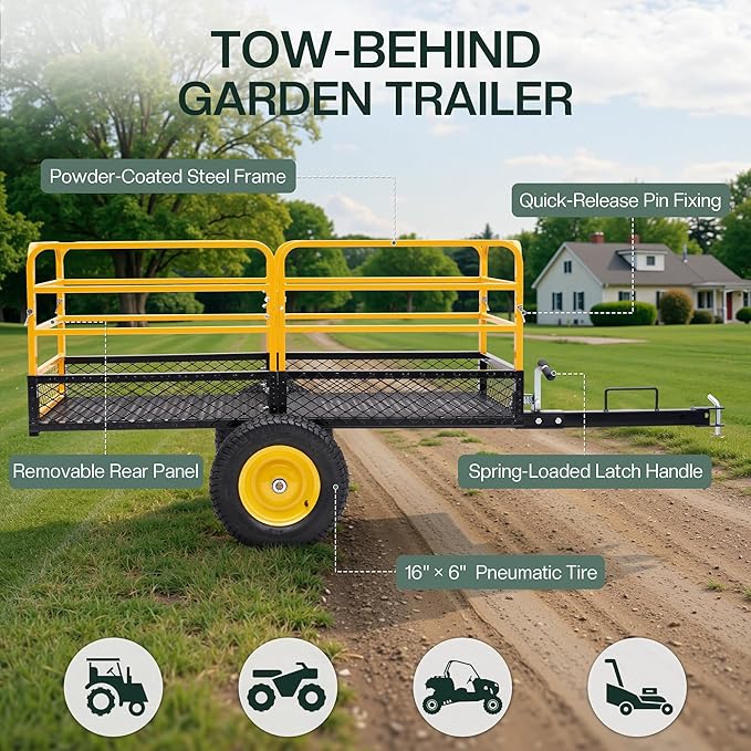 Jocisland Heavy Duty Garden Utility Trailer, 1500 Lbs 20 Cu.Ft ATV UTV Trailer Tow Behind Dump Cart with Removable Sides and Convenient Handle, Yard Lawn Mower Cart for Tractor