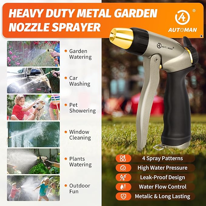 AUTOMAN Garden Hose Nozzle - 100% Metal High Pressure Spray Nozzle, Adjustable Spray Patterns, Labor-Saving, Heavy Duty for Garden Watering, Car Washing, Window Cleaning, Pets Showering