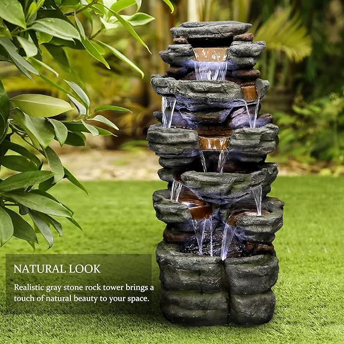 SunJet 47.2" High 6-Tiers Cascading Rock Outdoor Water Fountain with LED Lights - Large Outdoor Fountains and Waterfalls for Garden or Patio, Yard, and Deck Decor, Featuring Natural Stone Look