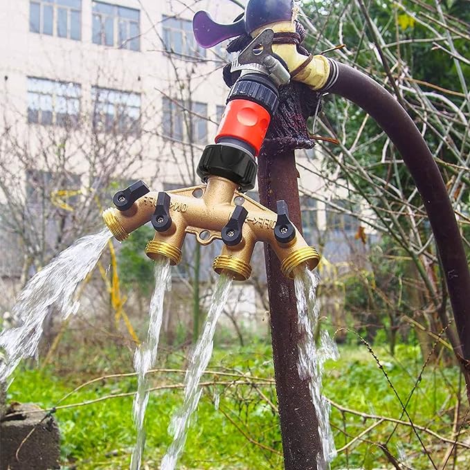 Biswing 4 Way Brass Hose Splitter, 3/4" Brass Hose Faucet Manifold, Garden Hose Adapter Connector, Hose Spigot Adapter with 4 Valves