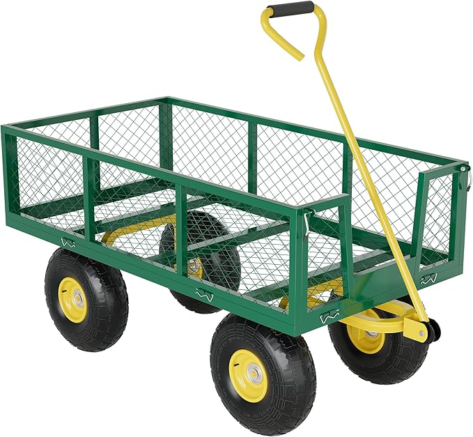 Metal Wagon - 500lbs Garden Cart with 10" Multi-Terrain Tires, 4 Removable Mesh Sides & 180° Swivel Handle, Yard Wagon Cart for Lawn, Yard, Patio Gardening