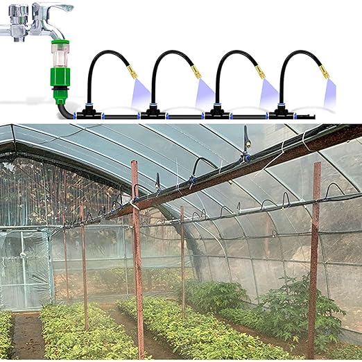 Automatic Greenhouse Drip Irrigation Kit with 20 Brass 360° Adjustable Nozzles 65FT 1/2" Tubing & Misting System for Outdoor Plants, Hydroponics,Raised Beds & Flower Gardens-Easy Setup & Water Saving