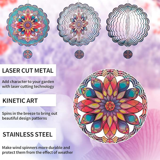 3D Mandala Wind Spinner, 12 Inch Stainless Steel Outdoor Wind Sculpture, Handcrafted Metal Garden Art for Patio, Yard, Weatherproof & Silent Spinning Mandala Decor