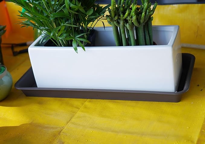 2 Pack of Plastic Plant Tray Saucer Rectangular 14 inch, Plant Trays Saucers for Indoors Outdoor, Plant Water Drip Tray for Flower Pot Planter, Windowsill Plant Tray (6.8 X 14.5'', Brown)