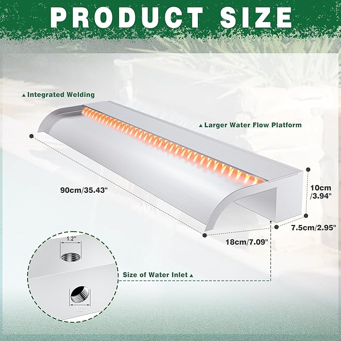 Waterfall Pool Fountain, LONGRUN Stainless Steel Waterfall Spillway for Pools and Ponds - 35.4" Wide Decorative Water Feature for Swimming Pools, Koi Ponds, and Garden