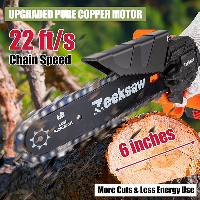 Mini Chainsaw 6 Inch Cordless, Super Handheld Chainsaw with 2x Big Batteries, Electric Mini Chain saw Battery Powered, Small Hand saws for Tree Wood - Garden Yard Time Saving Tool