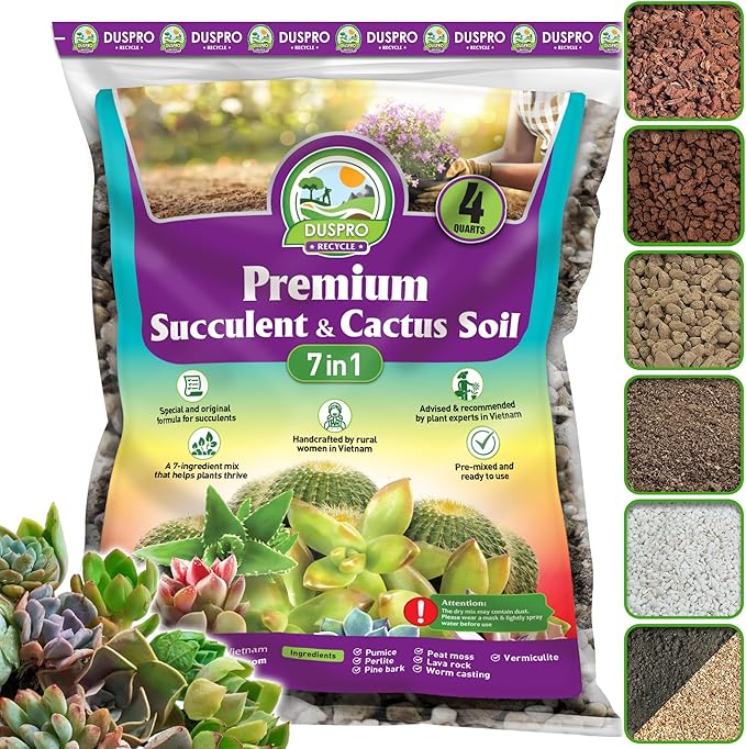 DUSPRO Succulents Soil Potting Mix โ 7 in 1 Ingredients Well-Draining, Nutrient-Rich Cactus Potting Soil for Succulents and Cacti, Indoor & Outdoor Use, Ready to Use, Supports Healthy Root Growth, 4QT