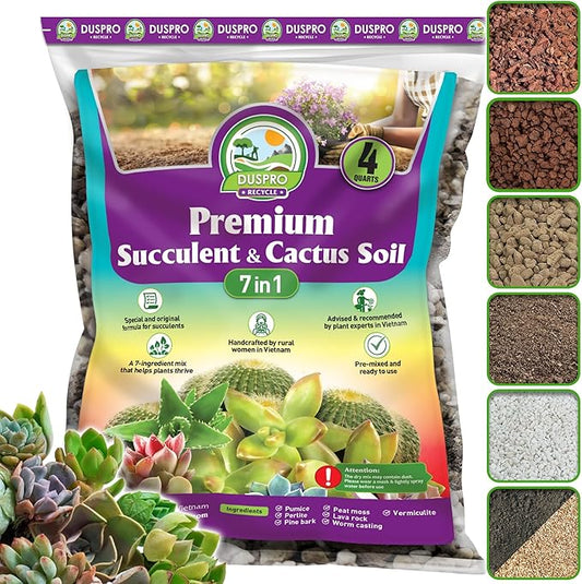 DUSPRO Succulents Soil Potting Mix – 7 in 1 Ingredients Well-Draining, Nutrient-Rich Cactus Potting Soil for Succulents and Cacti, Indoor & Outdoor Use, Ready to Use, Supports Healthy Root Growth, 4QT