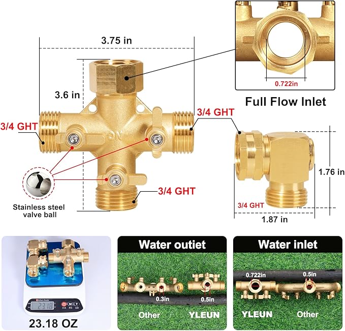 Garden Hose Splitter High Flow Splitter with Swivel elbow Connect Brass Hose Splitter with Shut Off Valves 3 way Hose Bib Adapter (with Swivel elbow)
