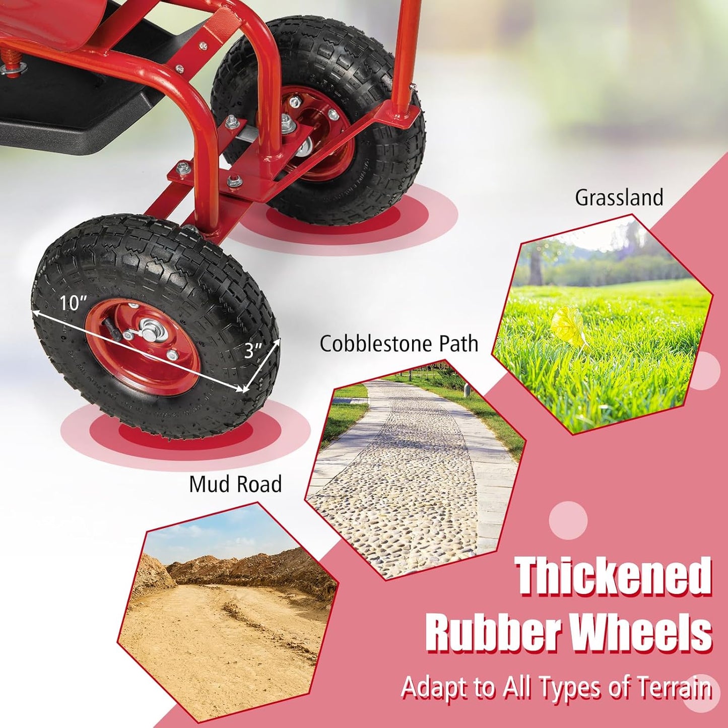 Goplus Rolling Garden Seat with Wheels, Outdoor Garden Cart with 360° Swivel Seat & Tool Storage, 2 Steering Handles, Gardening Stool Wagon Scooter, Lawn, Patio Gardening Workseat for Seniors