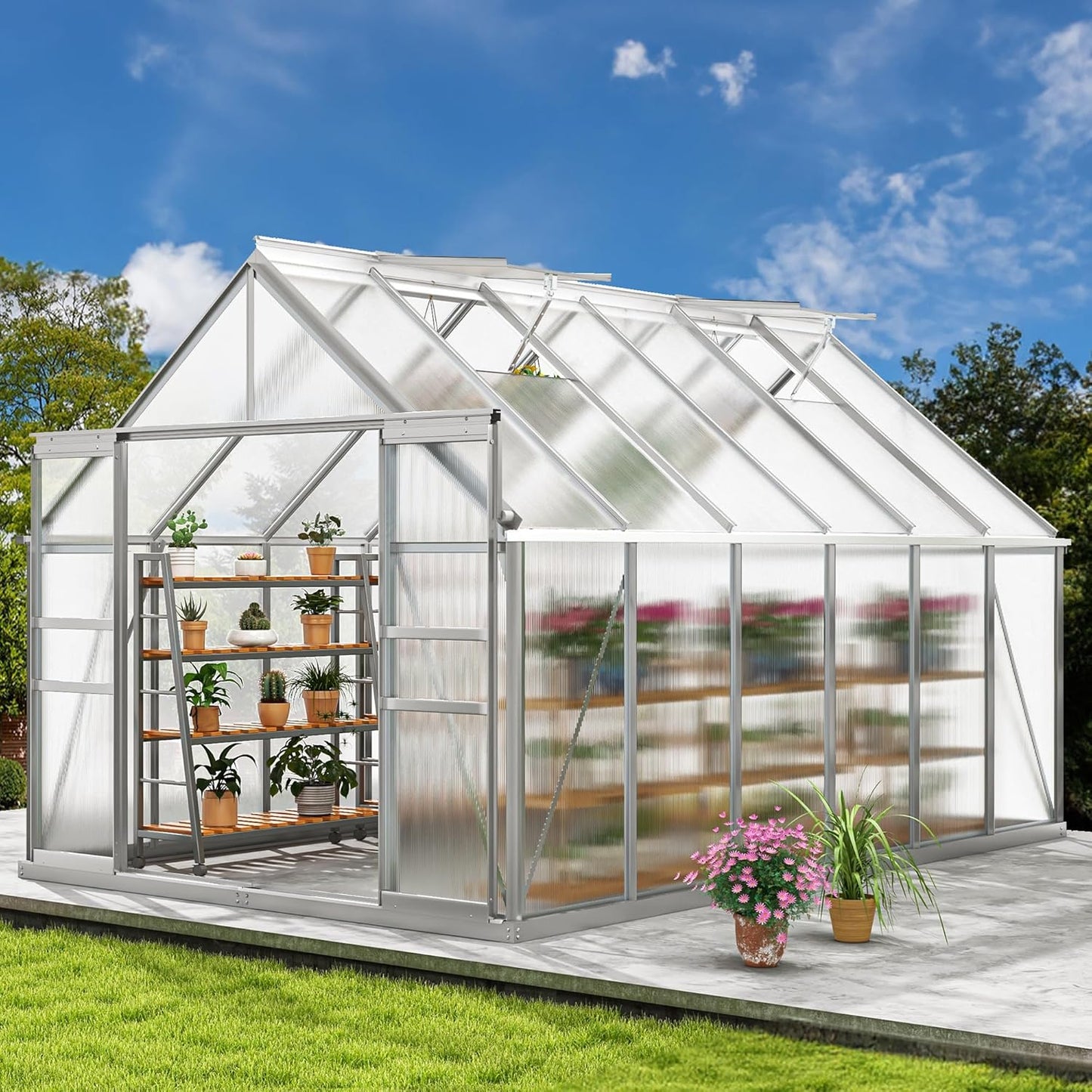 DWVO 8x12FT Polycarbonate Greenhouse Heavy Duty Green Houses Outdoor Aluminum Greenhouses with Sliding Doors Vent Window Walk-in Greenhouse Large Sun House for Garden Backyard, Matte Sliver