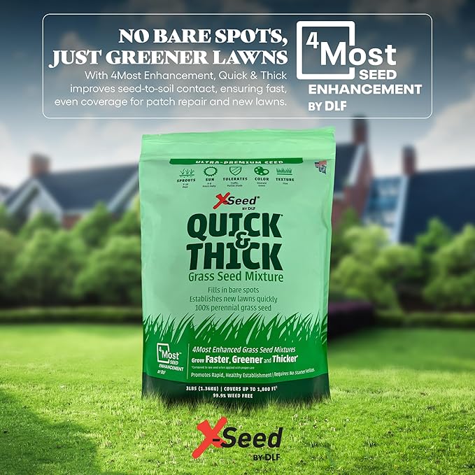 X-Seed Ultra Premium Quick and Thick Lawn Seed Mixture – Rapid Germination for Any Lawn, Dense Coverage in Sun to Shade, High-Traffic Areas, Fescue, Kentucky Blue, & Perennial Ryegrass Blend, 3lb Bag