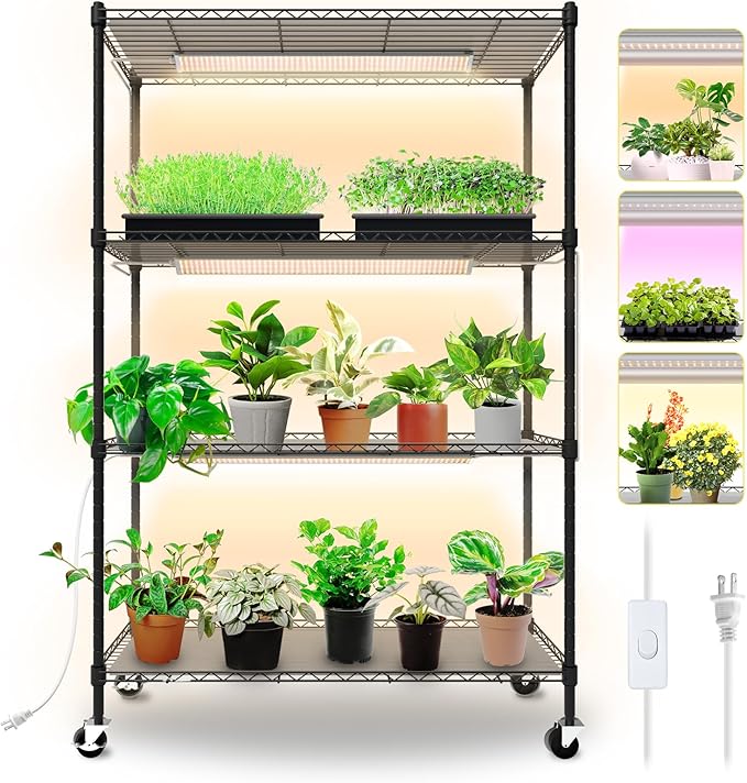 Bstrip Plant Shelf with Grow Lights, 4-Tier Grow Light Shelf with 30W T5 Full Spectrum Grow Lights, Plant Stand with Grow Light for Indoor Plants, Seed Starting, Seedlings(35.4" L x 13.8" W x 59" H)