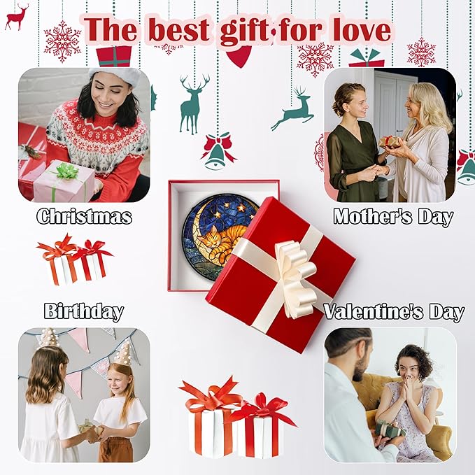 Stained Glass Window Hanging - Orange Moon Sleeping Cat Sun Catcher for Door Home Decor Blue Starry Sky Suncatcher Christmas Mother's Day Birthday Gifts for Women Men Mom Nana 7.8 in