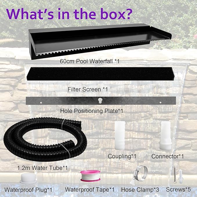 Pond Waterfall Spillway Pool Fountain Water Feature, Black Stainless Steel Outdoor Fountains, Swimming Pool Water Flow Waterfalls Kit for Garden Patio Ponds-23.6"x7.8"x3.9"(NO Light)