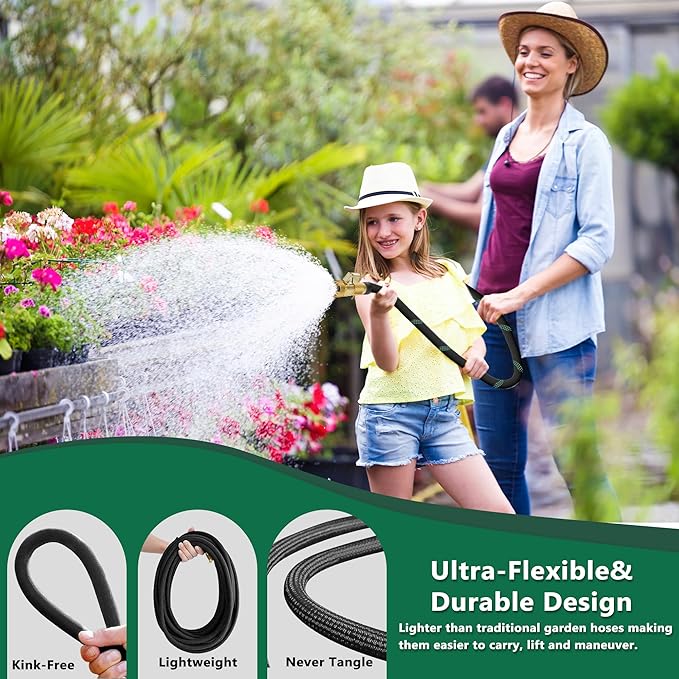 50 ft Heavy Duty Garden Hose - Super Flexible Leader Water Hose with 10 Pattern Spray Nozzle,Hybrid Rubber Hose Car Wash Pipe,3/4'' Solid Brass Conne