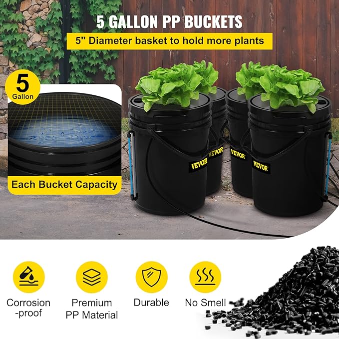 VEVOR DWC Hydroponic System, 5 Gallon 4 Buckets, Deep Water Culture Growing Bucket, Hydroponics Grow Kit with Pump, Air Stone and Water Level Device, for Indoor/Outdoor Leafy Vegetables