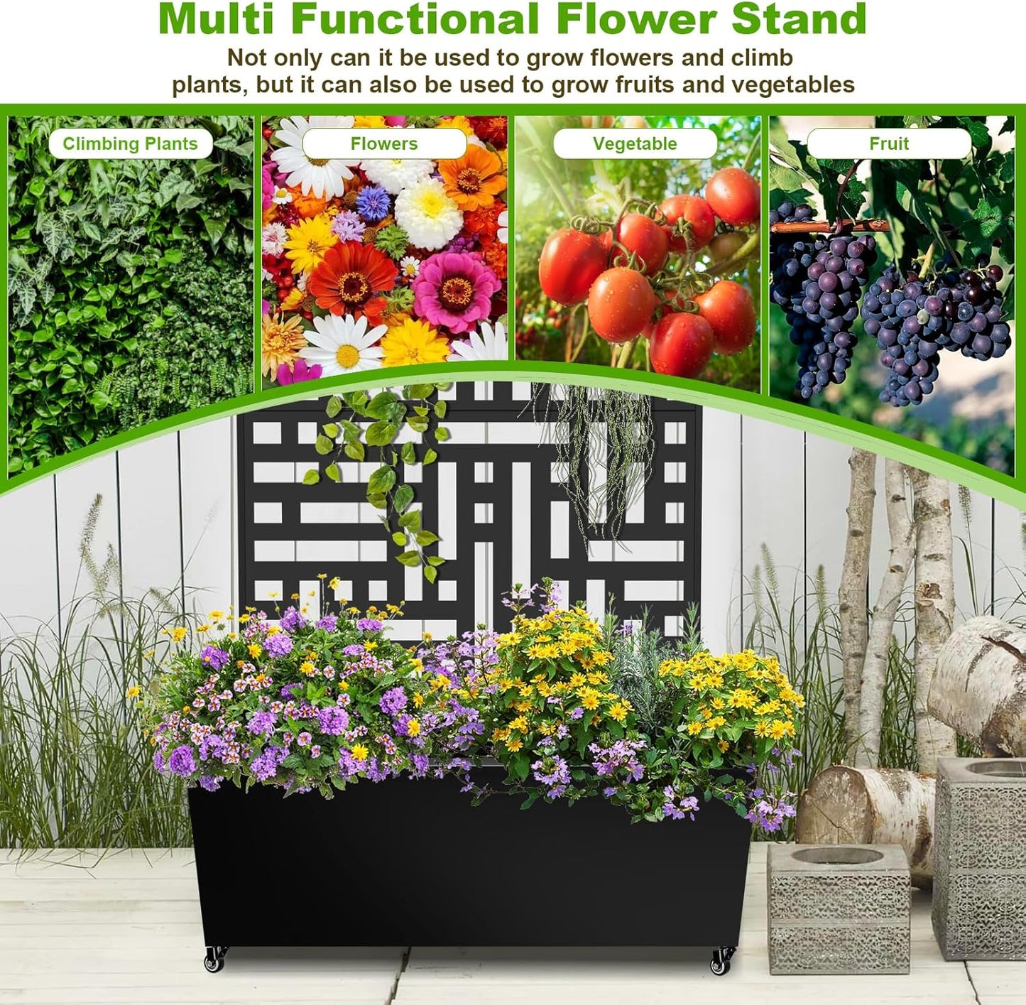 Metal Planter Box with Trellis, 72"x35"x16" Metal Raised Garden Bed with Trellis, Planter Box with Drainage Holes & Lockable Casters for Climbing Plants, Vegetables, and Vines