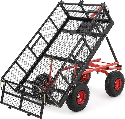 GarveeLife 880 LBS Steel Garden Dump Cart, Heavy Duty Yard Dump Utility Wagon w Removable Mesh Sides, Utility Metal Wagon w 180° Rotating Handle, 10 in Wheels Perfect for Garden, Farm, Yard