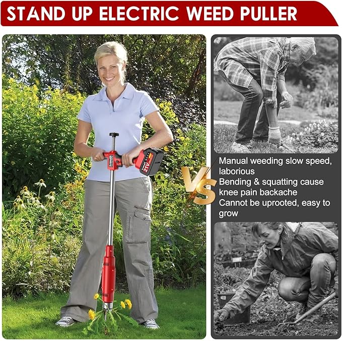 Electric Weed Puller Tool - 3 Claw Steel Head Stand Up Long Handle Weed Puller With 2 x 4.0Ah Battery & Charger & Small Shovel Versatile Garden Tools For Dandelion Lawn Flower Beds Yard