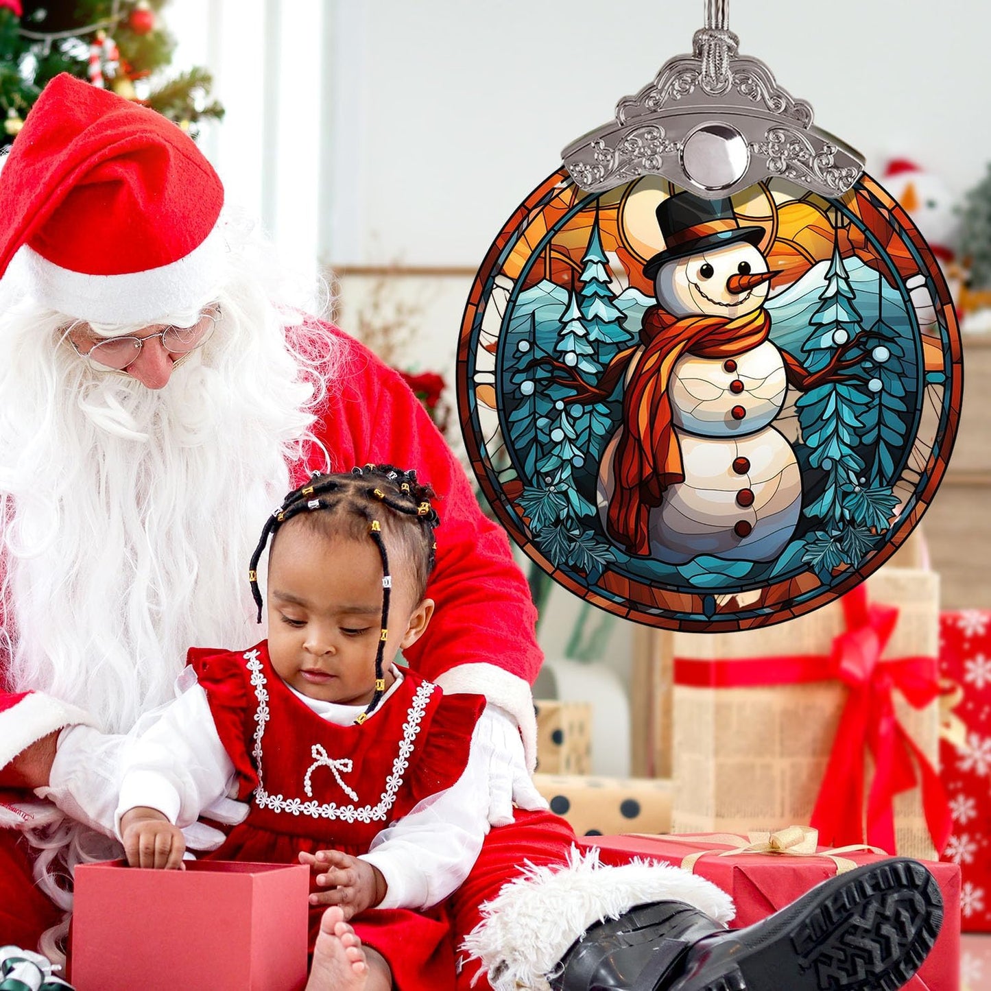 Pine Tree Forest Christmas Snowman Stained Glass Ornament, Holiday Decor for Xmas