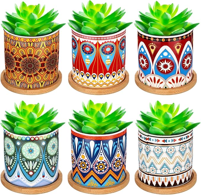 Zopeal 6 Pcs 3 Inch Succulent Pots Succulent Planters Cylinder Ceramic Pots Mandala Multicolor Cactus Pot with Drainage Holes and Bamboo Trays for Indoor Plants Flowers Garden Decoration (Core)