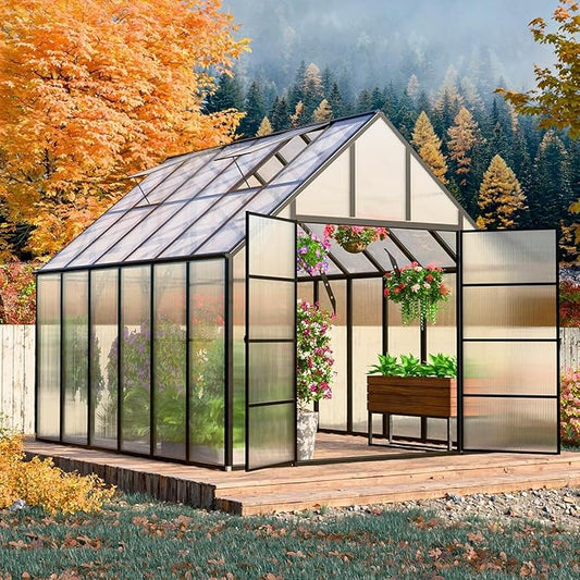 10x12 FT Greenhouse for Outdoor Large Heavy Duty Polycarbonate Greenhouses Aluminum Frame Walk-in Green House with 2 Windows Wider Door for Garden Plants Outside