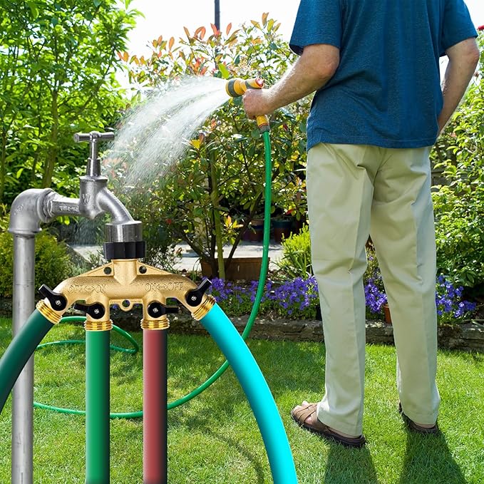 Dalmbox Garden Hose Splitter 4 Way, Water Hose Splitter, 3/4" Heavy-Duty Brass Garden Hose Splitter, Includes 5 Rubber Washers & Teflon Tape(1 pack)