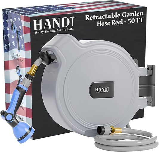 USA Based Retractable Garden Hose Reel, 1/2 in x 50 ft Quick Connect 10-Pattern Sprayer, Wall Mounted Auto Self Retracting Water Hose Reels, UV Resistant Automatic Rewind 180° Mount | Gray