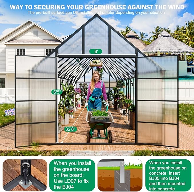CDCASA 32x10x10 FT Greenhouse for Outdoors, Easy Assembly Large Thicker Aluminum Heavy Duty Polycarbonate Greenhouses Kit w/7 Windows, Outside Sunroom Walk-in Green House for Patio,Backyard