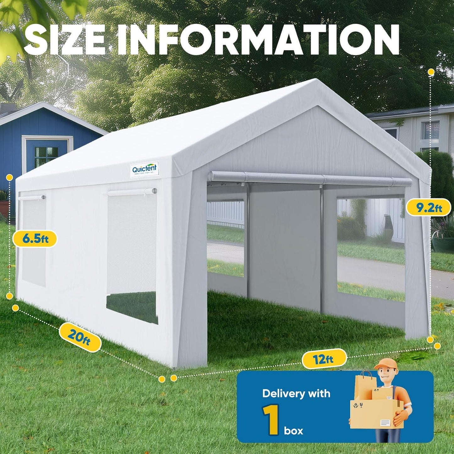 Quictent 12x20 ft Heavy Duty Carport Canopy Galvanized Car Tent Outdoor Garage Boat Shelter with Reinforced Structure with Roll-up Ventilated Windows Sidewall - White