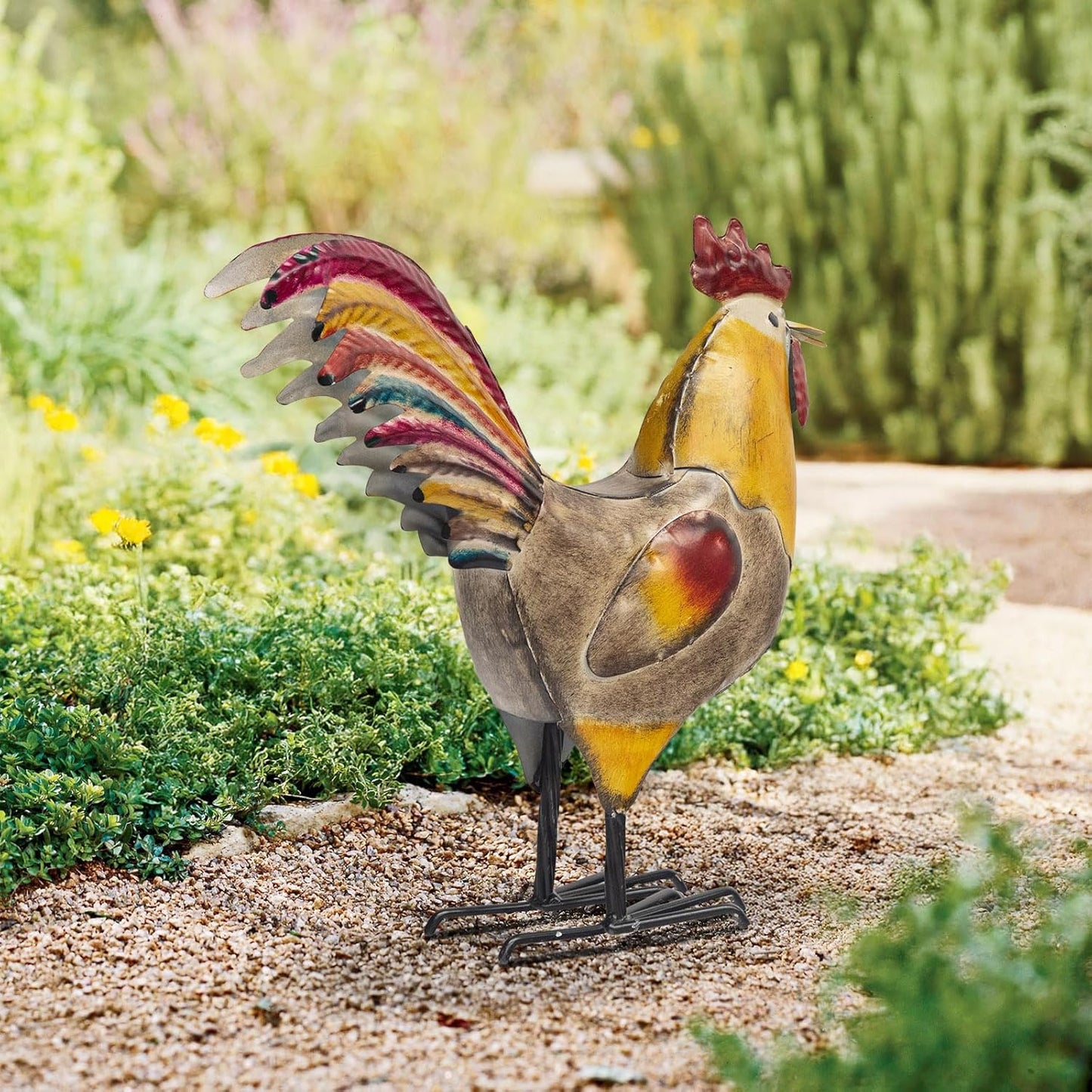 Metal Rooster and Hen Statues Set of 2, Indoor Outdoor Chicken Yard Art Decorations, Farmhouse Kitchen Table Garden Patio Lawn Decor, Gray Yellow Sculptures 12.2x11.5 Inch