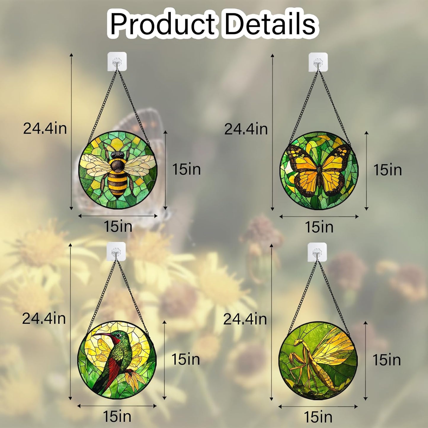 Stained Glass Window Hanging 4 Pcs Set Green Plants Yellow Insect Theme 6.3" - Suncatcher Door Garden Sun Catcher Decor Birthday Christmas for Mom Woman Nana Men