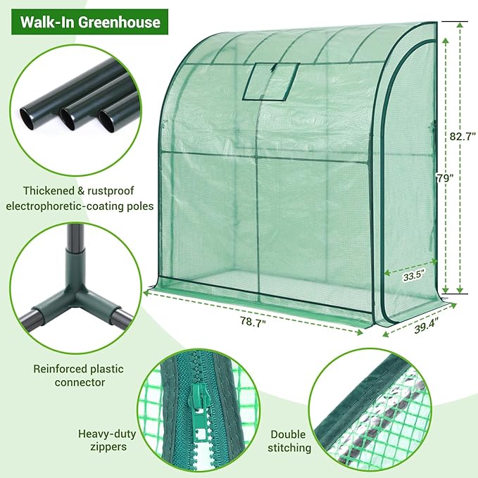 Lean-to Greenhouse with 3-Tier Shelves: Ohuhu Portable Walk-in Wall Mounted Green House with Mesh Windows, 79"x39"x83" Large Greenhouses with 2 Roll-Up Zipper Doors Reinforced Structure for Outdoors