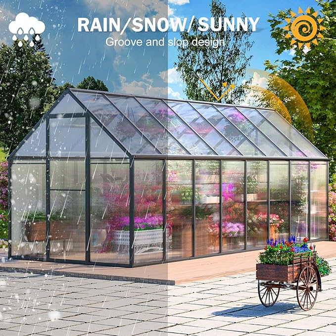 CDCASA 6x16 FT Greenhouse for Outdoors, Large Polycarbonate Greenhouse Aluminum Greenhouses w/Vent Window, Swing Door & Easy Assembly Walk-in Green House for Patio, Backyard, Garden, Black