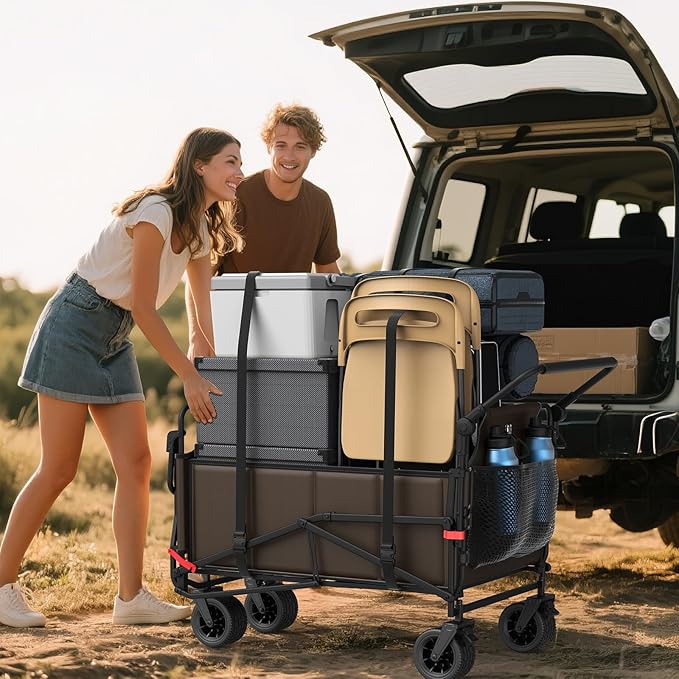 LEVELEVE Heavy Duty Folding Wagon - 2-in-1 Collapsible Cart, 650lb Capacity, All-Terrain Wheels w/Brakes & Side Pockets (Brown)