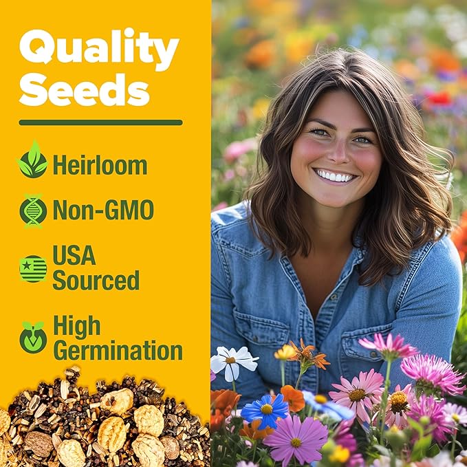 HOME GROWN Premium Wildflower Seeds 89,000+ Count - 23 Non-GMO USA Native Varieties for Bees, Butterflies & Birds - Perennial Wildflower Seed Mix Bulk 2oz - for Full Sun & Shade Gardens