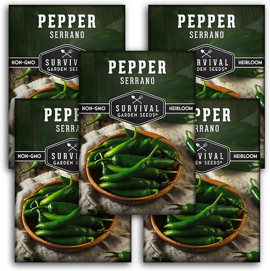 Mexican Serrano Pepper Seeds for Planting | Fresh Hot Chili & Green Hot Pepper Seeds – Heirloom Non-GMO Variety for Sauce, Salsa & Pickling – Survival Garden Seeds (5 Packs)