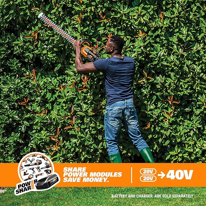 WORX WG284.9 26" 40V Cordless Hedge Trimmer, Electric Hedge Trimmer with Dual-Action Blades, Brushless Bush Trimmer with 180° Rotating Handle, 2 Batteries & Charger Not Included