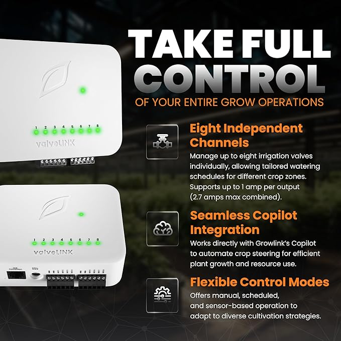 valveLINK 8-Channel Irrigation Controller – Automates Valves for Watering & Crop Steering in Controlled Environment Agriculture – Manual or Automatic Operation via Sensors, Timers, Schedules