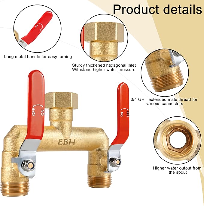 EBH Garden Hose Splitter, 2-Way High Flow Heavy Duty Brass Outdoor Hose Manifold with Extra Long Handles Full Flow Faucet Adapter- 3/4” GHT(Red)
