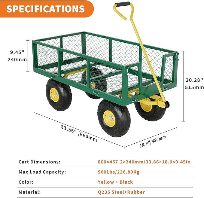 Metal Wagon - 500lbs Garden Cart with 10" Multi-Terrain Tires, 4 Removable Mesh Sides & 180° Swivel Handle, Yard Wagon Cart for Lawn, Yard, Patio Gardening
