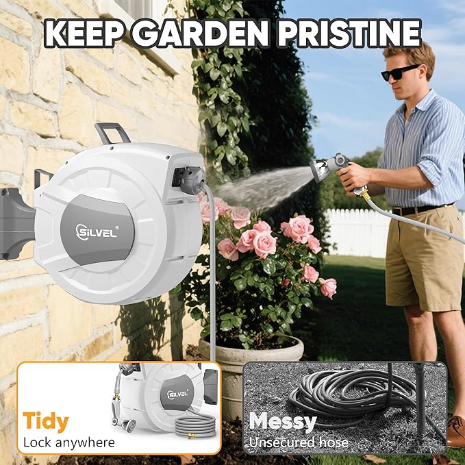 SILVEL Retractable Garden Hose Reel, 1/2 in x 100ft Wall Mount Heavy Duty Automatic Hose Reel with 10 Pattern Nozzle, Any Length Lock & Slow Return System, 180°Swivel Bracket Upgraded UV Resistant